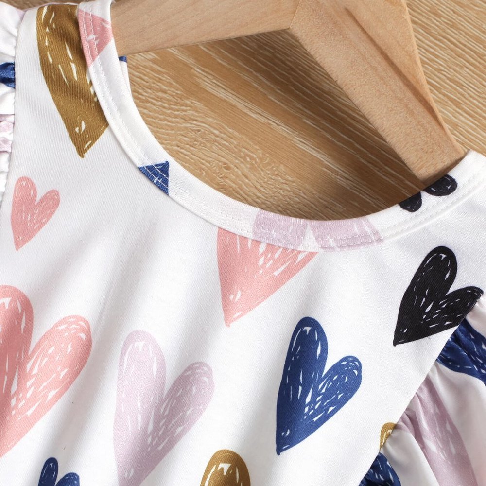 Girls Heart Print Ruffle Shoulder Dress - Picture 4 of 6